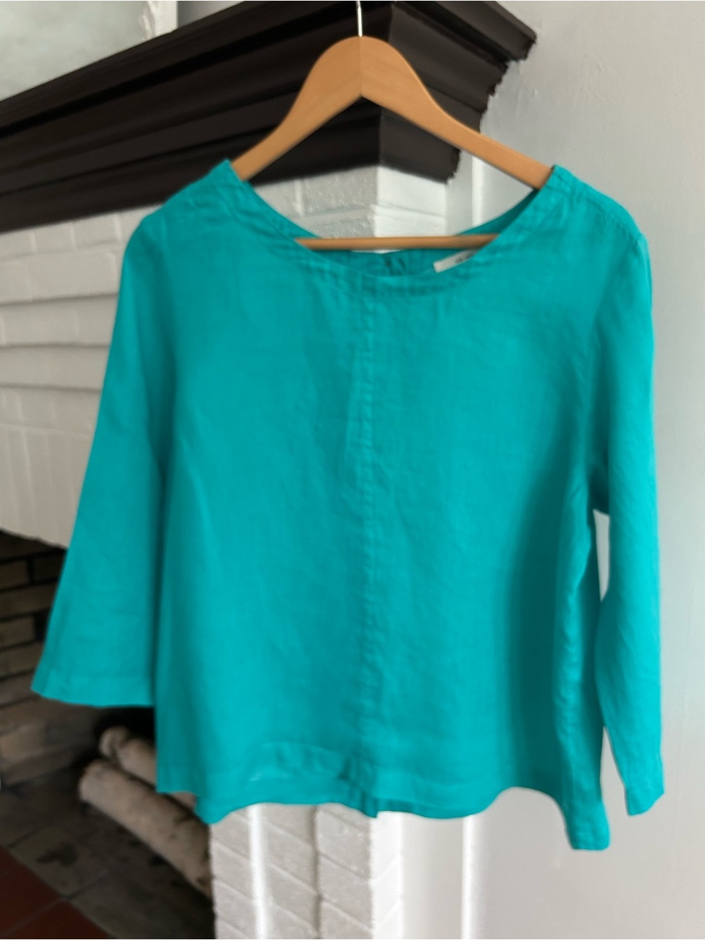 Nicole Miller Linen Turquoise Boatneck Long-Sleeve Linen Top
